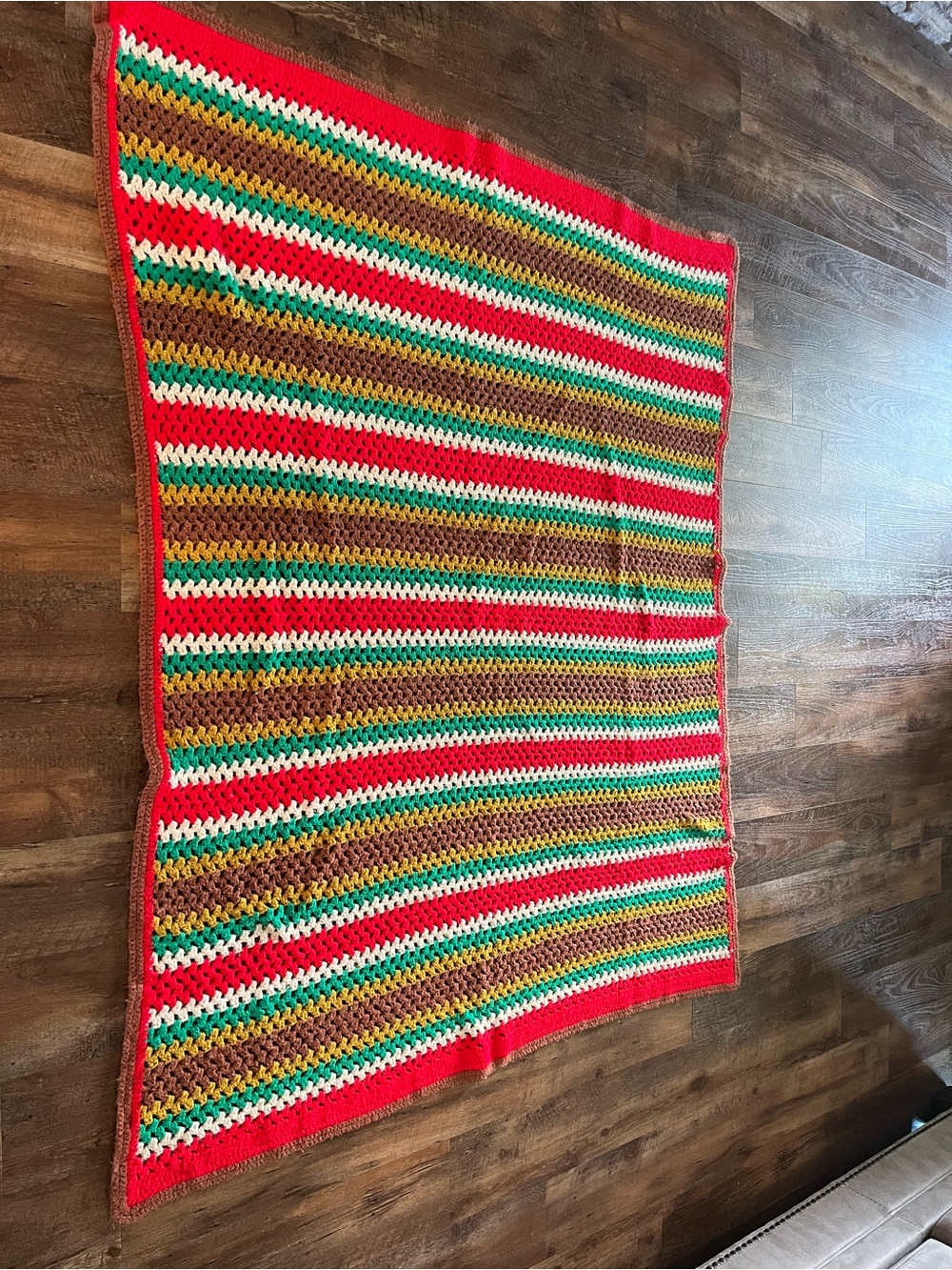 Vintage Handmade Striped Crochet Throw Blanket in Red, Brown, Green, White